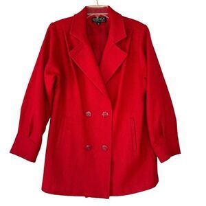 Vintage Russell Scott Hot Red Tweed Pea Coat Wool Jacket 4 Button V Neck Size 10